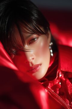 Woman with intense gaze wearing a vibrant red outfit, hair softly framing her face, capturing concepts of allure, emotion, and confident beauty in studio light