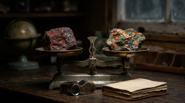 Iron rich rock and copper toned ore balanced on a scale with a loupe and ledgers for commodity and mining stock comparison.