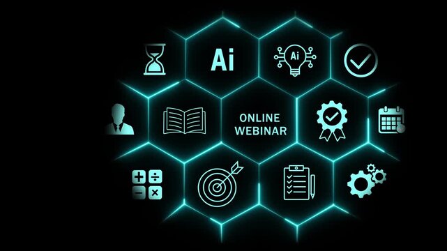Dynamic online webinar digital interface featuring artificial intelligence integration, e-learning virtual conference concepts, and modern hexagonal network for corporate training