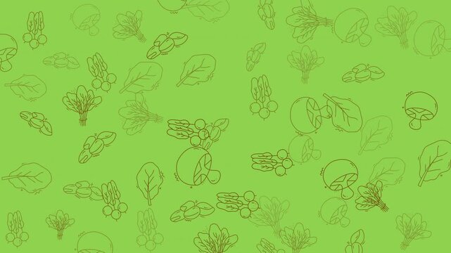 Doodle vegetable icons perfect for food blogs, recipe books, cooking websites. Spinach, mushrooms, and radishes on a colorful background.
