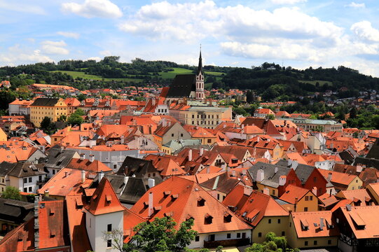 Cesky Krumlov, Czech Republic. Old buildings, houses with red roofs in the medieval town. Krumlov, Czech