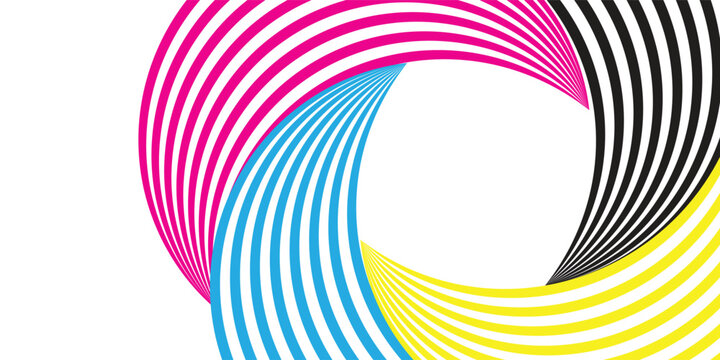 Abstract CMYK color printing process logo icon. Cyan, magenta, yellow, and black curved striped lines forming a circle frame on white background. Creative vector graphic design illustration.