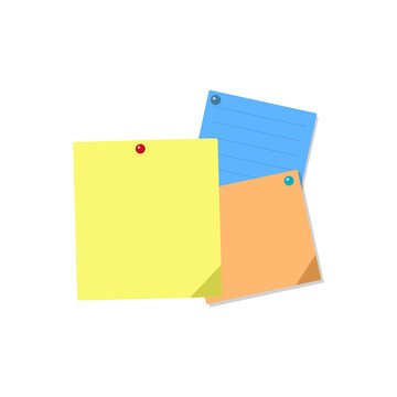 Three colorful sticky note papers with push pins in yellow blue and orange for office reminders