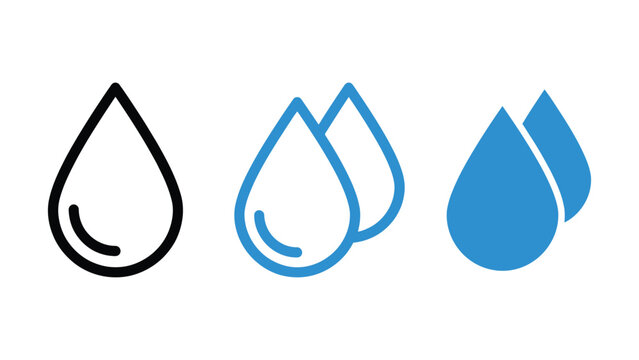  Water drop icon set. Blue droplet vector symbols for rain, water, oil, and liquid. Simple splash pictograms.