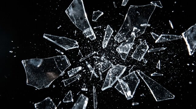 Sharp shards of broken glass exploding and flying through the air, isolated on a black background.