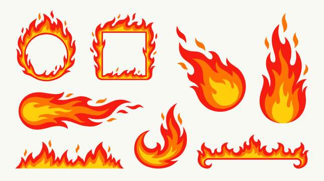 set of flaming fire elements with various shapes including circle, square, blazing inferno, dynamic motion flame trails for games and web interfaces
