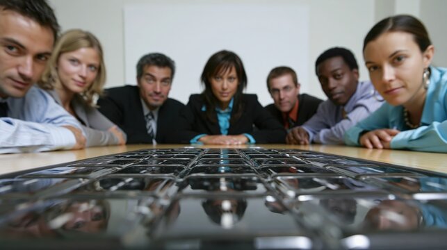 Business team analyzing financial model with roadblocks in modern boardroom