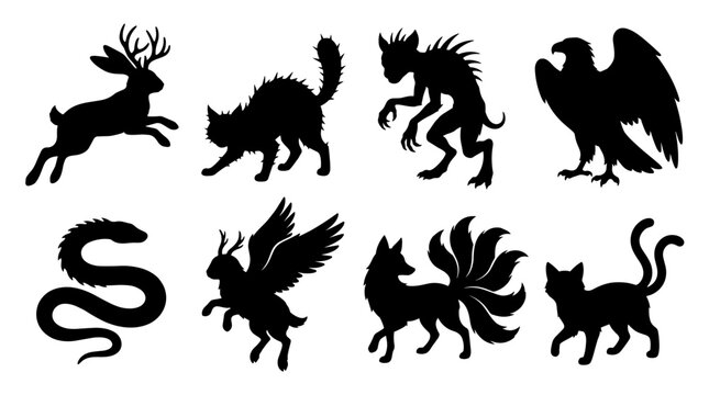 Set of silhouettes of mythical creatures and animals including jackalope, cat, goblin, eagle, snake, pegasus, nine-tailed fox, perfect for occult