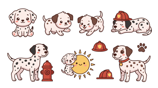 Set of cute dalmatian puppies playing with fire hydrant and helmet, charming animal character collection for nursery decor, stickers, vector