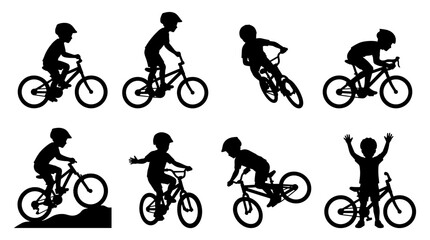 Obraz premium Black silhouette set of cyclists riding bicycles, flat shapes of sports activities and outdoor recreation, isolated vector icons for web UI