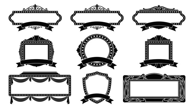 Set of vintage marquee frames with decorative scrollwork and classic ribbon banners, ornamental border elements for elegant invitations and signage