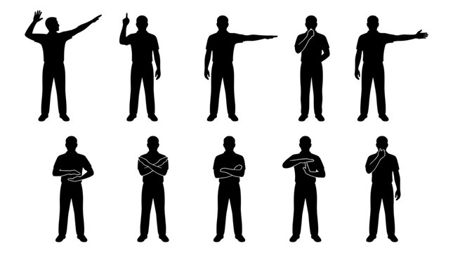 Set of ten black human silhouettes in various standing poses with gestures and hand signals, simple flat vector collection for signage and