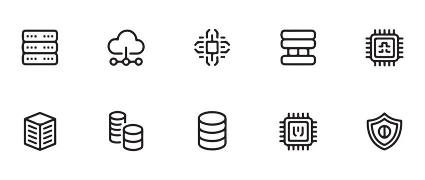 Collection of outline icons representing server hardware cloud computing microprocessor technology and data storage.