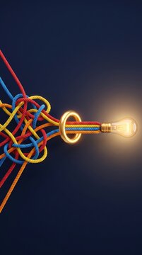 Colorful ropes merge through a golden ring, symbolizing unity and connection leading to a bright, illuminated idea light bulb.