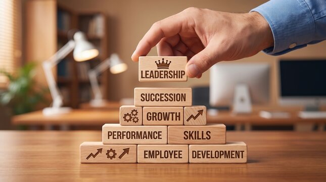 Human resources succession planning and leadership pipeline concept using stacked cube blocks in structured organizational hierarchy
