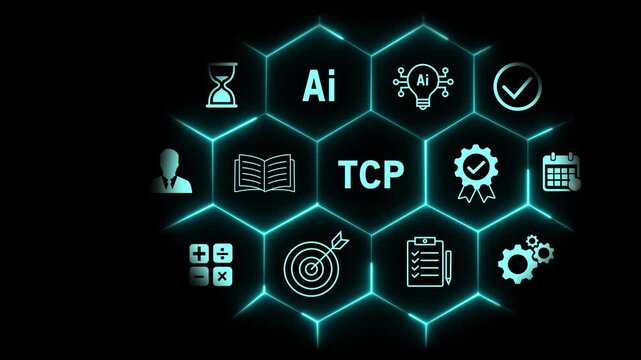 Digital tcp protocol network concept with glowing hexagonal ui interface featuring artificial intelligence, data management, business strategy, and cyber security for modern corporate technology media