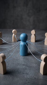 The blue person is connected with employees by wide network of lines. At the center of a complex large system. Communication social. Cooperation, collaboration. Project leadership personnel management