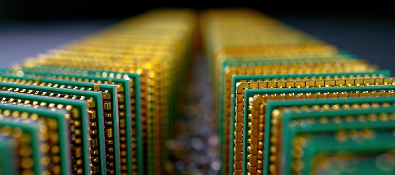 Microchip plates aligned in rows forming a road to a dead - end wall, macro perspective