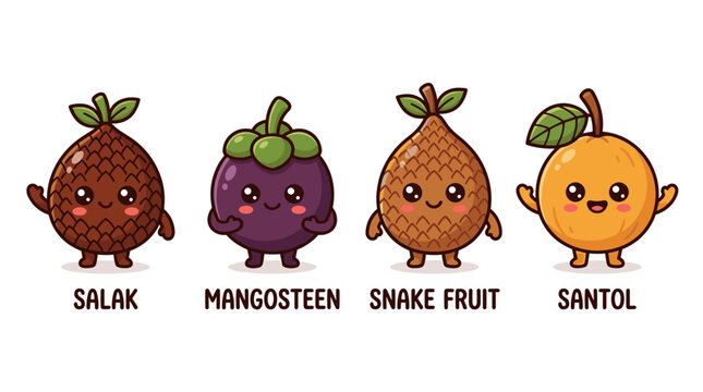 Cute Four Tropical Fruits Characters Salak Mangosteen Snake Fruit Santol Waving Together