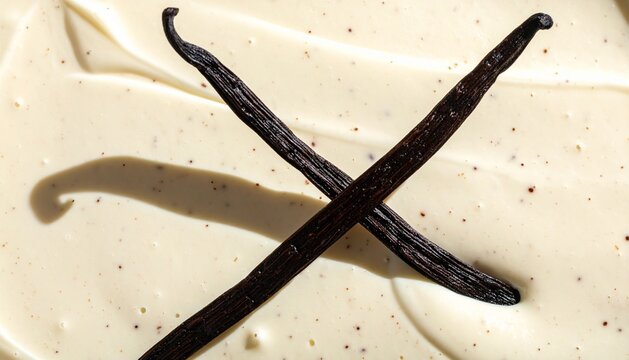Fresh Vanilla Beans on Creamy Custard Background Close-up Macro Food Photo