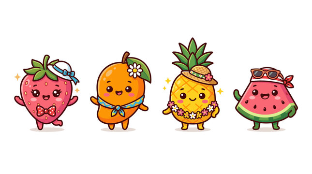 Cute Fruit Characters Summer Vacation Style with Hats and Scarves