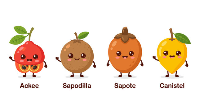 Four Cute Cartoon Fruits Ackee Sapodilla Sapote Canistel Waving Hands
