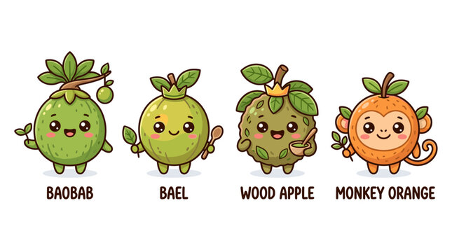 Cute Cartoon Exotic Fruits Characters Baobab Bael Wood Apple Monkey Orange