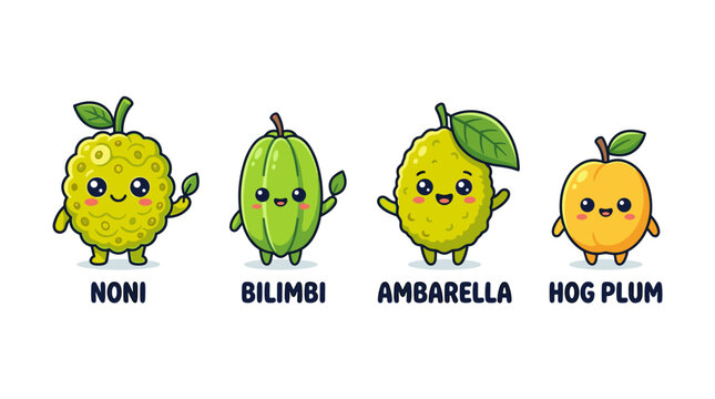 Cute Kawaii Fruits Characters Noni Bilimbi Ambarella Hog Plum Set