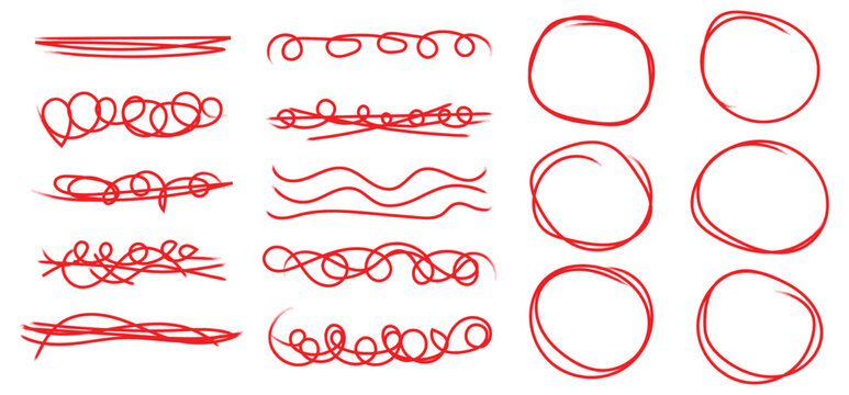 Red scribble underline and ovals to emphasize your text and hand drawn notes.  Pencil underlines and marker arrow highlight strokes bring vivid underscore life.  Text dividers, vector red inky.