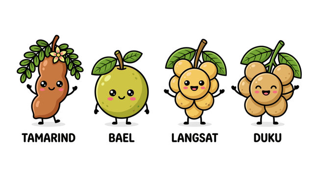 Cute Kawaii Fruits Tamarind Bael Langsat Duku Characters with Faces and Arms