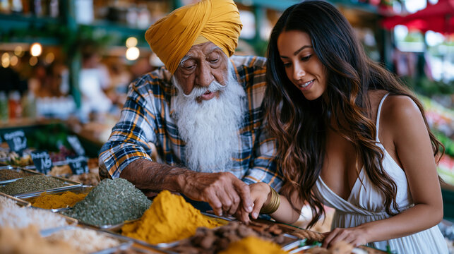 Elderly Sikh grandfather at busy farmers market guiding adult granddaughter through fragrant spice stalls their hands bridging identical gestures from different decades as she negotiates between inh