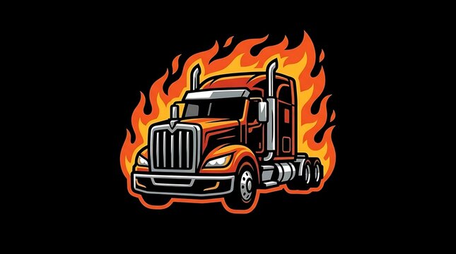 Semi truck tractor trailer illustration with flaming fire background.
