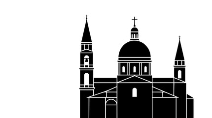 Silhouette of a large church with a dome and bell towers against a white background © illustration