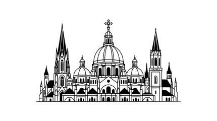Monolithic Cathedral Outline: Grand Dome, Spires, and Arches - Architectural Line Art © illustration
