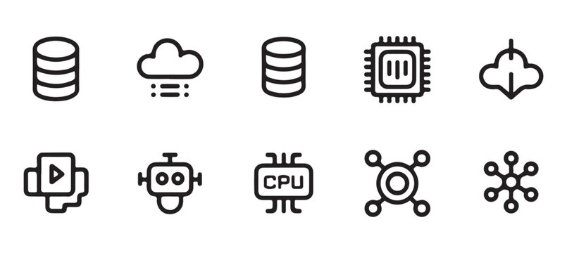 Set of outline style icons featuring server units cloud computing storage and central processing unit hardware.