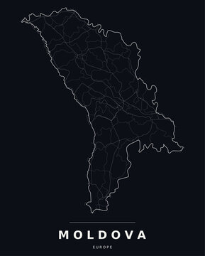 Moldova Europe country map with internal region boundaries and major highways. Editable white line vector on a black background for dark mode slides and web design.
