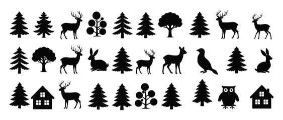 Collection of black silhouette representing forest including pine trees, deciduous trees, deer, rabbits, owls, and houses on white © Chayan
