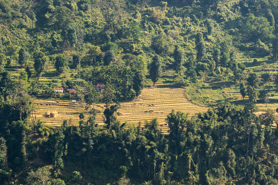 Aerial view of Bhutan - agricultural land , step agriculture, step farming , surrounded by forest and Himalayan mountains. India Bhutan border at Jhalong, North Bengal, Dooars, West Bengal, India.