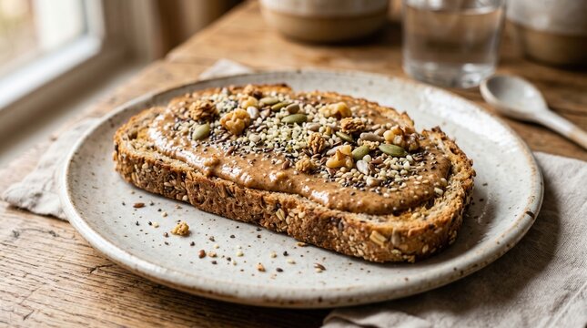 Slice of prebiotic bread topped with nut butter and seeds on a plate. Rustic wooden table setting with natural morning light.