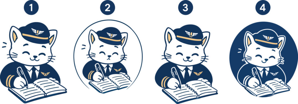 Cartoon pilot cat studying in four different learning stages illustration
