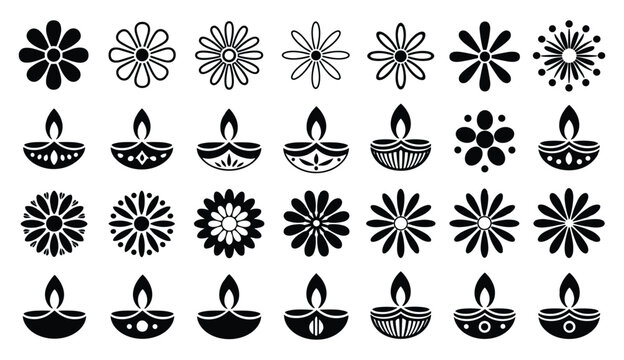 Set of black silhouette featuring various floral patterns, circular shapes, and traditional indian oil lamps isolated on a white background