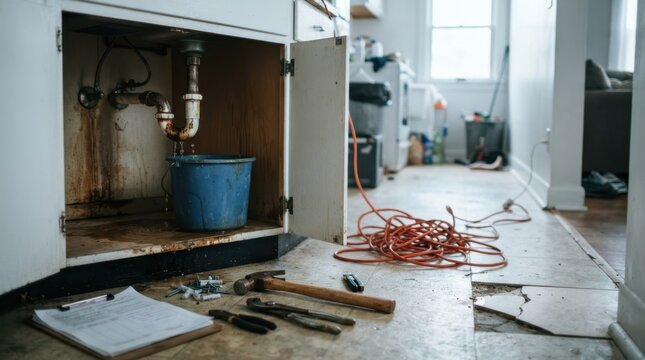 Residential maintenance problems with a leaking under sink pipe, broken tile edge, tangled cord, scattered tools, and clipboard.