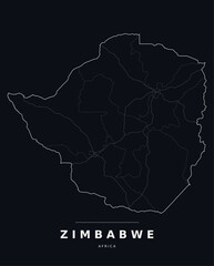 Obraz premium Zimbabwe Africa country map with internal region boundaries and major highways. Editable white line vector on a black background for dark mode slides and web design.