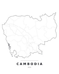 Obraz premium Cambodia Asia country map with internal region boundaries and major highways. Editable black line vector on a white background for poster print and classroom use.