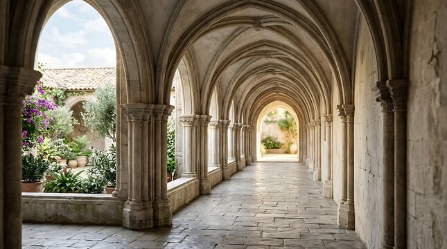 Gothic stone cloister walkway with archways and garden view background