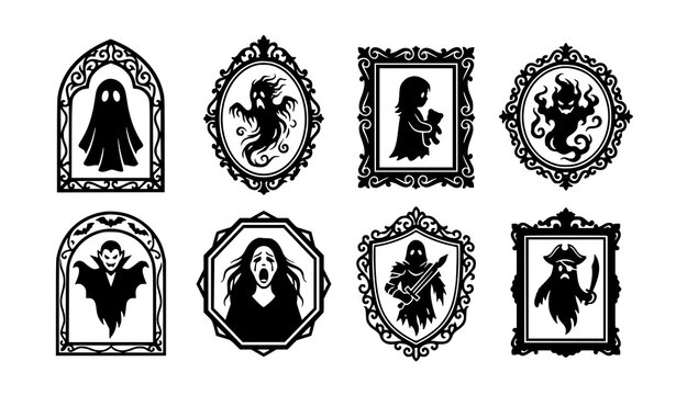 Spooky ghost portrait frame icon set with eight black Halloween silhouettes and ornate borders vector