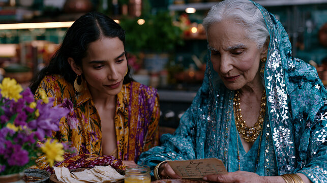 Intergenerational interaction between South Asian mother and adult daughter at kitchen table where old recipe card becomes the site of a conversation about who they each are when the inherited expec