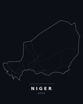 Niger Africa country map with internal region boundaries and major highways. Editable white line vector on a black background for dark mode slides and web design.