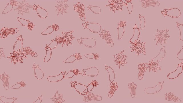 Doodle vegetable pattern with red eggplants and leafy greens. Suitable for kitchen decor, food packaging, and organic product branding.