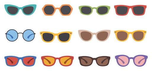 Set of twelve different colorful sunglasses with various frame shapes and lens colors on a white background, for summer fashion accessories © Chayan